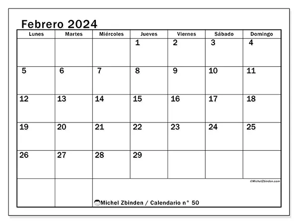 Calendario n.° 50 para imprimir gratis, febrero 2025. Semana:  De lunes a domingo