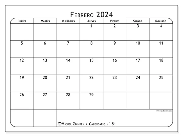 Calendario n.° 51 para imprimir gratis, febrero 2025. Semana:  De lunes a domingo