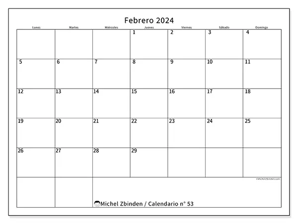 Calendario n.° 53 para imprimir gratis, febrero 2025. Semana:  De lunes a domingo