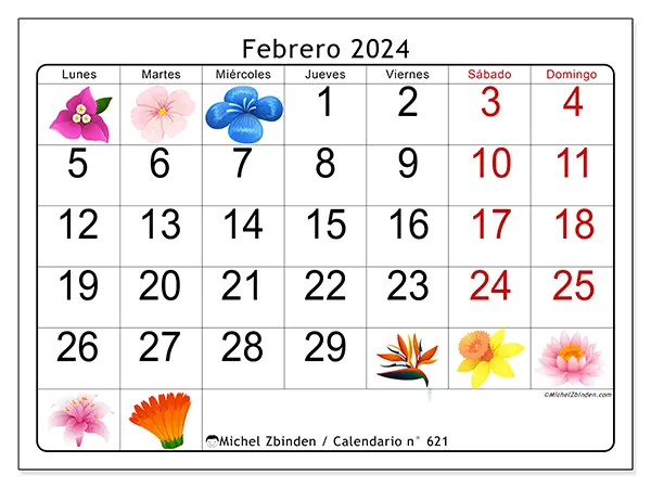 Calendario n.° 621 para imprimir gratis, febrero 2025. Semana:  De lunes a domingo