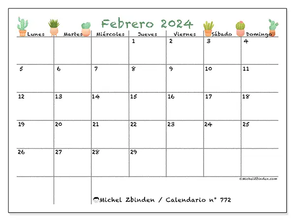 Calendario n.° 772 para imprimir gratis, febrero 2025. Semana:  De lunes a domingo