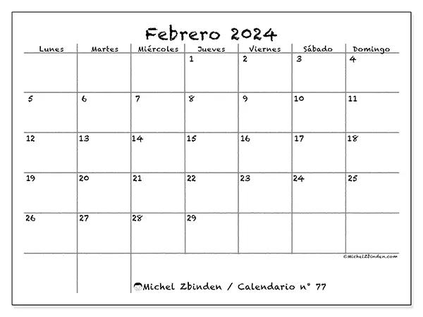 Calendario n.° 77 para imprimir gratis, febrero 2025. Semana:  De lunes a domingo