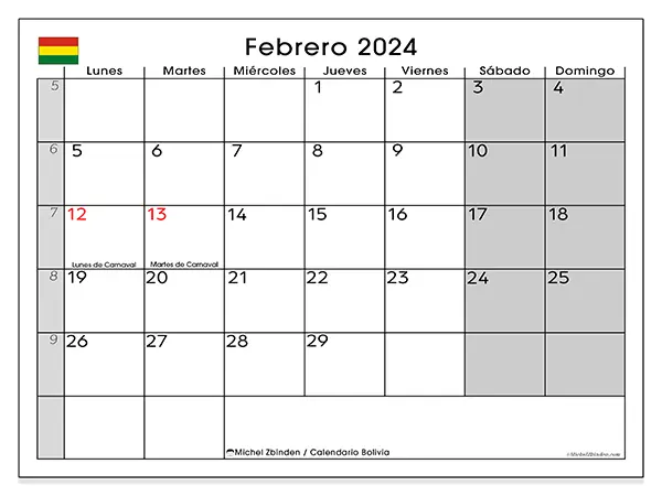 Calendario de Bolivia para imprimir gratis, febrero 2025. Semana:  De lunes a domingo