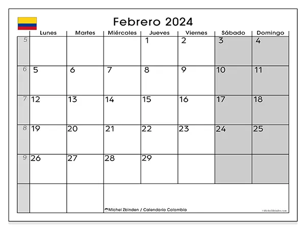 Calendario de Colombia para imprimir gratis, febrero 2025. Semana:  De lunes a domingo