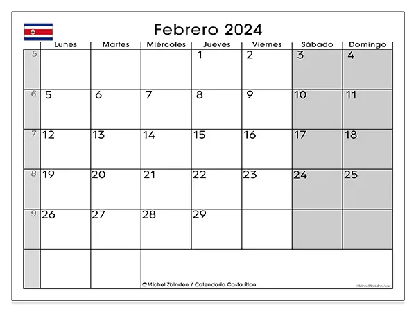 Calendario de Costa Rica para imprimir gratis, febrero 2025. Semana:  De lunes a domingo
