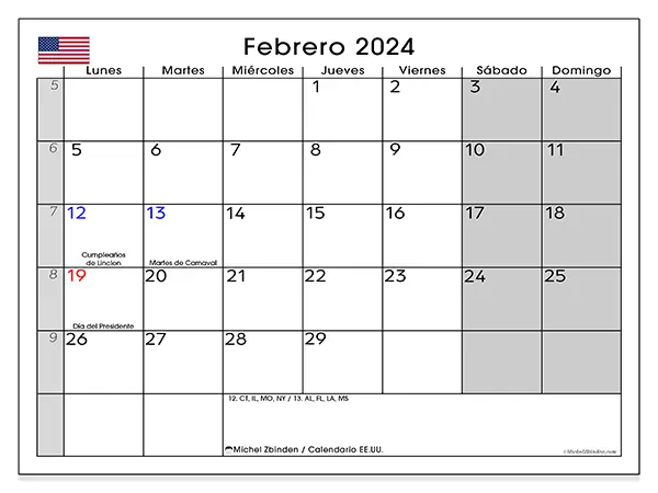 Calendario de Estados Unidos para imprimir gratis, febrero 2025. Semana:  De lunes a domingo