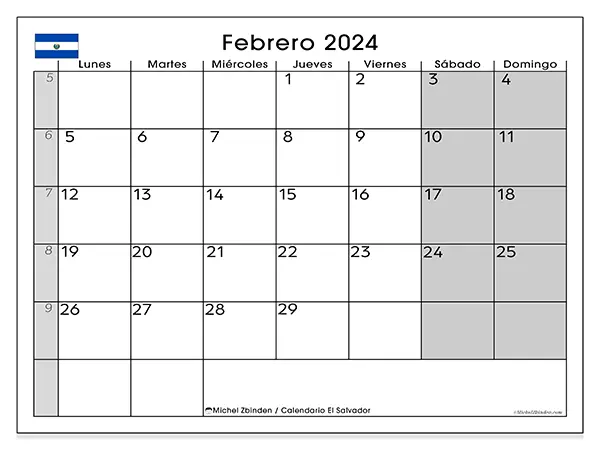 Calendario de El Salvador para imprimir gratis, febrero 2025. Semana:  De lunes a domingo
