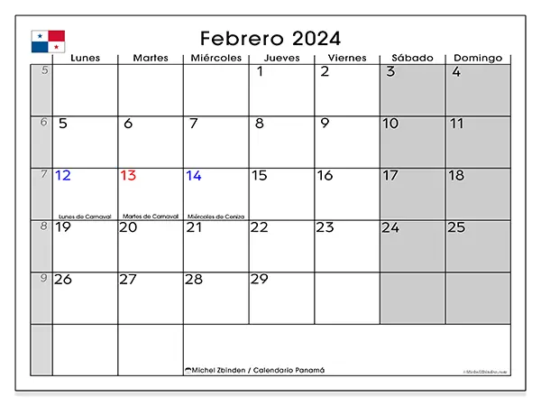 Calendario de Panamá para imprimir gratis, febrero 2025. Semana:  De lunes a domingo