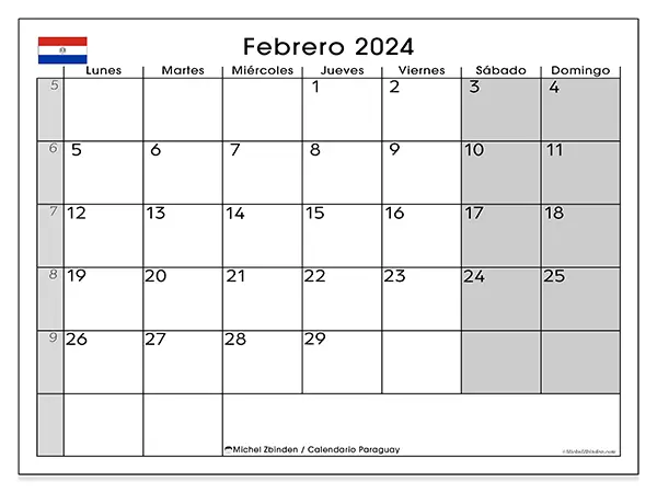 Calendario de Paraguay para imprimir gratis, febrero 2025. Semana:  De lunes a domingo