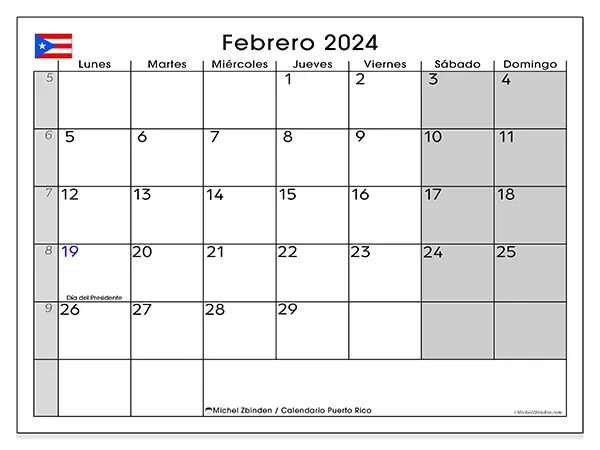 Calendario de Puerto Rico para imprimir gratis, febrero 2025. Semana:  De lunes a domingo