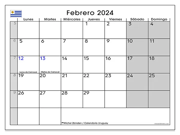 Calendario de Uruguay para imprimir gratis, febrero 2025. Semana:  De lunes a domingo