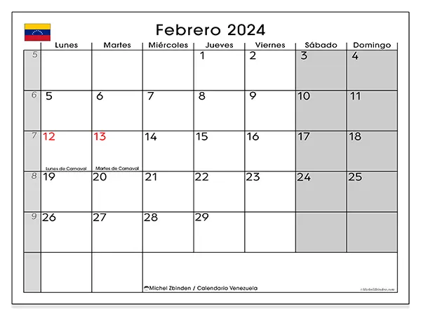 Calendario de Venezuela para imprimir gratis, febrero 2025. Semana:  De lunes a domingo