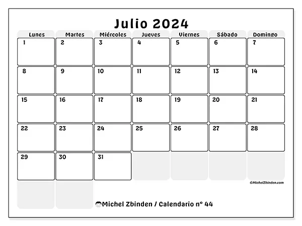 Calendario n.° 44 para julio de 2024 para imprimir gratis. Semana: De lunes a domingo.
