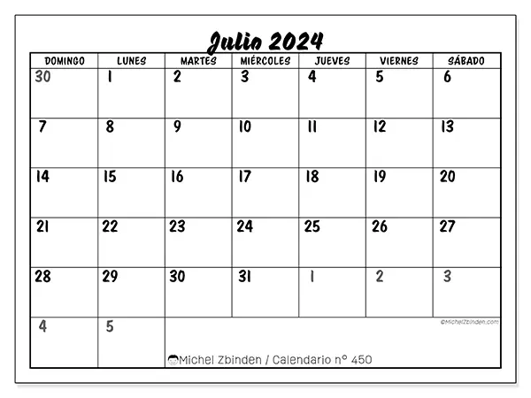 Calendario n.° 450 para julio de 2024 para imprimir gratis. Semana: De domingo a sábado.