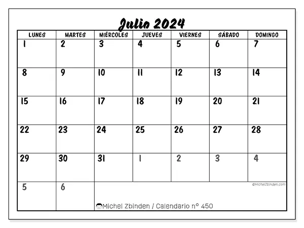 Calendario n.° 450 para julio de 2024 para imprimir gratis. Semana: De lunes a domingo.