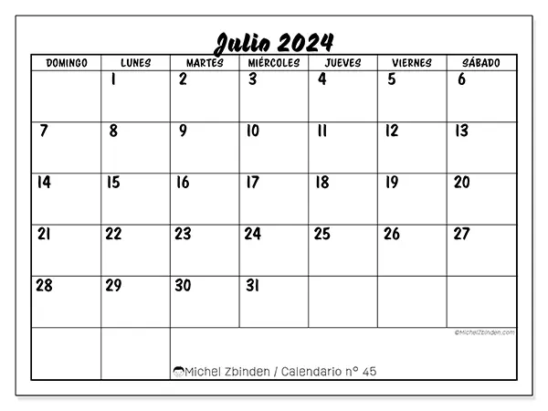 Calendario n.° 45 para imprimir gratis, julio 2025. Semana:  De domingo a sábado