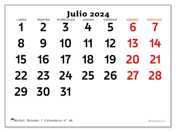 Calendario n.° 46 para julio de 2024 para imprimir gratis. Semana: De lunes a domingo.
