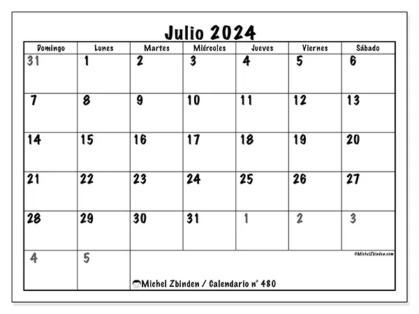 Calendario n.° 480 para julio de 2024 para imprimir gratis. Semana: De domingo a sábado.