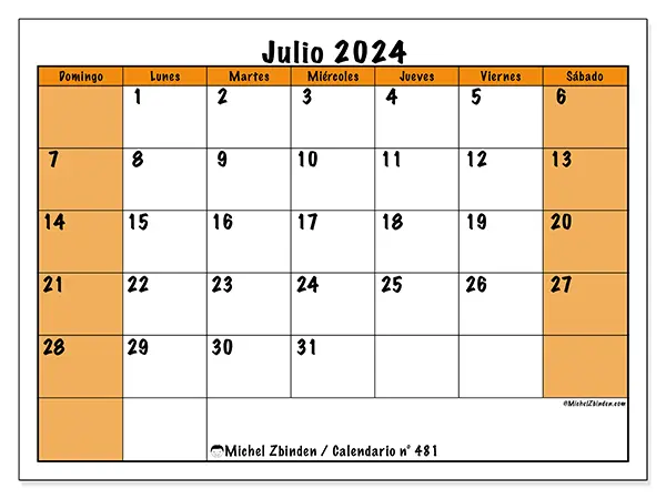 Calendario n.° 481 para imprimir gratis, julio 2025. Semana:  De domingo a sábado