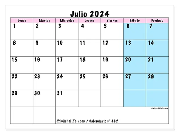 Calendario n.° 482 para julio de 2024 para imprimir gratis. Semana: De lunes a domingo.