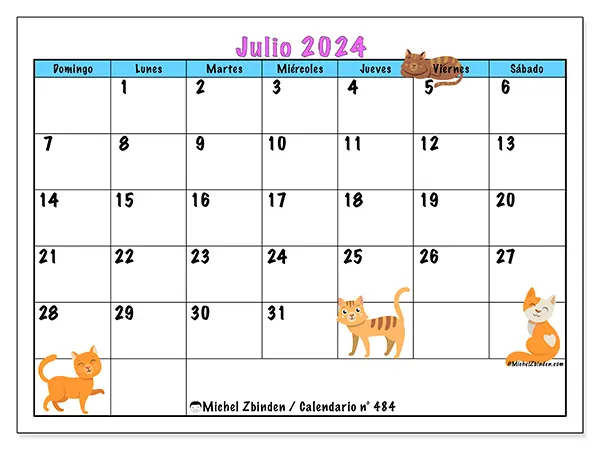 Calendario n.° 484 para imprimir gratis, julio 2025. Semana:  De domingo a sábado