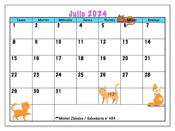 Calendario n.° 484 para julio de 2024 para imprimir gratis. Semana: De lunes a domingo.