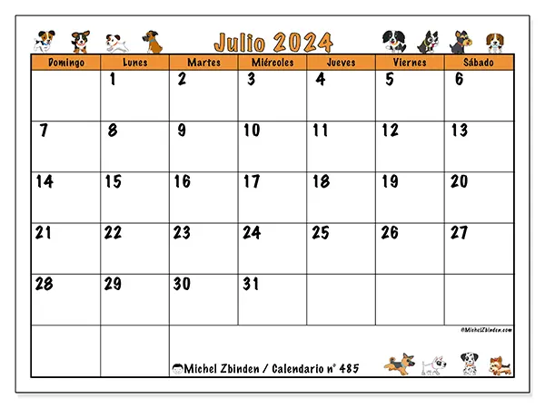 Calendario n.° 485 para julio de 2024 para imprimir gratis. Semana: De domingo a sábado.