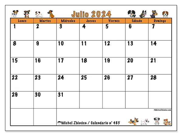 Calendario n.° 485 para julio de 2024 para imprimir gratis. Semana: De lunes a domingo.
