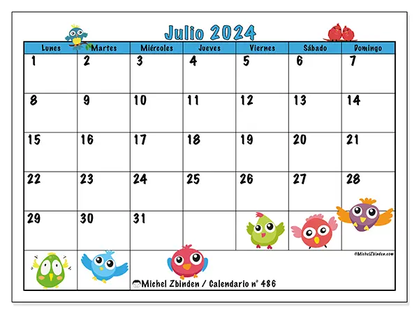 Calendario n.° 486 para julio de 2024 para imprimir gratis. Semana: De lunes a domingo.