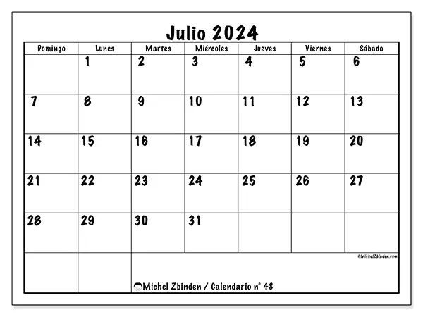 Calendario n.° 48 para julio de 2024 para imprimir gratis. Semana: De domingo a sábado.