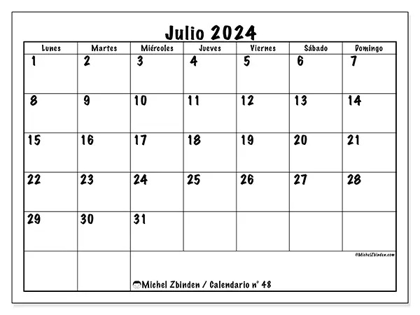 Calendario n.° 48 para julio de 2024 para imprimir gratis. Semana: De lunes a domingo.