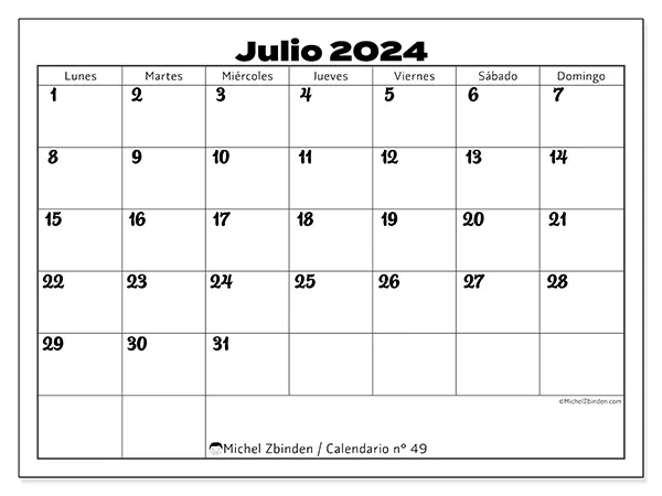 Calendario n.° 49 para julio de 2024 para imprimir gratis. Semana: De lunes a domingo.
