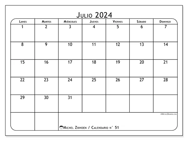 Calendario n.° 51 para julio de 2024 para imprimir gratis. Semana: De lunes a domingo.