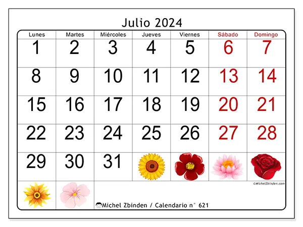 Calendario n.° 621 para julio de 2024 para imprimir gratis. Semana: De lunes a domingo.