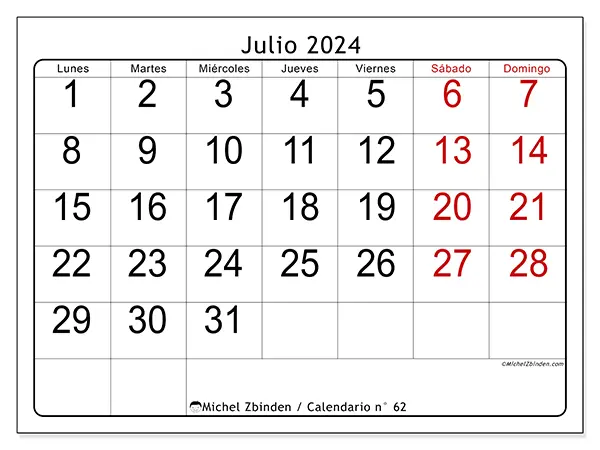 Calendario n.° 62 para julio de 2024 para imprimir gratis. Semana: De lunes a domingo.