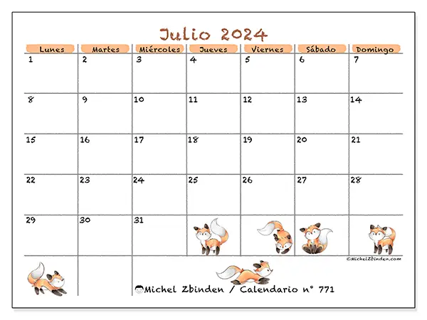 Calendario n.° 771 para julio de 2024 para imprimir gratis. Semana: De lunes a domingo.