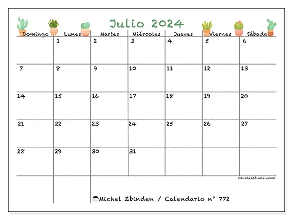 Calendario n.° 772 para julio de 2024 para imprimir gratis. Semana: De domingo a sábado.