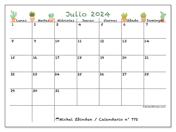 Calendario n.° 772 para julio de 2024 para imprimir gratis. Semana: De lunes a domingo.