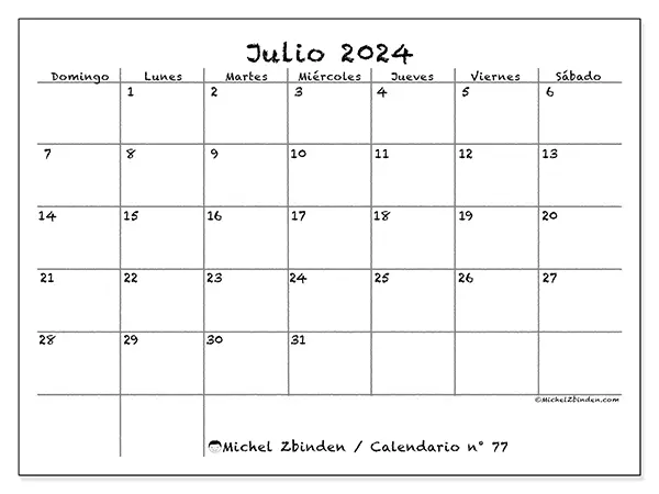 Calendario n.° 77 para julio de 2024 para imprimir gratis. Semana: De domingo a sábado.