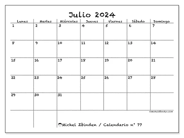 Calendario n.° 77 para julio de 2024 para imprimir gratis. Semana: De lunes a domingo.