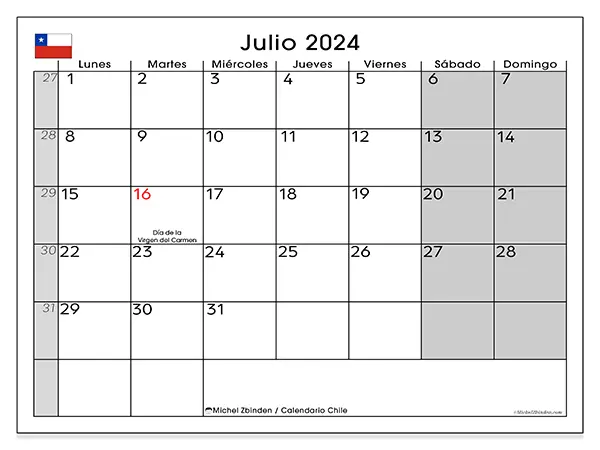 Calendario para imprimir gratis de Chile para julio de 2024. Semana : De lunes a domingo.