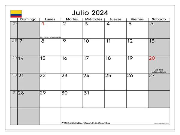 Calendario Colombia para imprimir gratis de julio de 2024. Semana: De domingo a sábado.