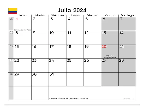 Calendario Colombia para imprimir gratis de julio de 2024. Semana: De lunes a domingo.