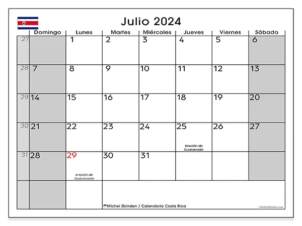 Calendario Costa Rica para imprimir gratis de julio de 2024. Semana: De domingo a sábado.