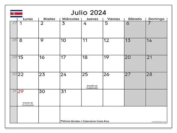Calendario Costa Rica para imprimir gratis de julio de 2024. Semana: De lunes a domingo.