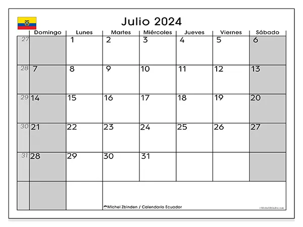 Calendario Ecuador para imprimir gratis de julio de 2024. Semana: De domingo a sábado.