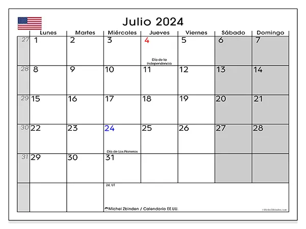 Calendario Estados Unidos para imprimir gratis de julio de 2024. Semana: De lunes a domingo.