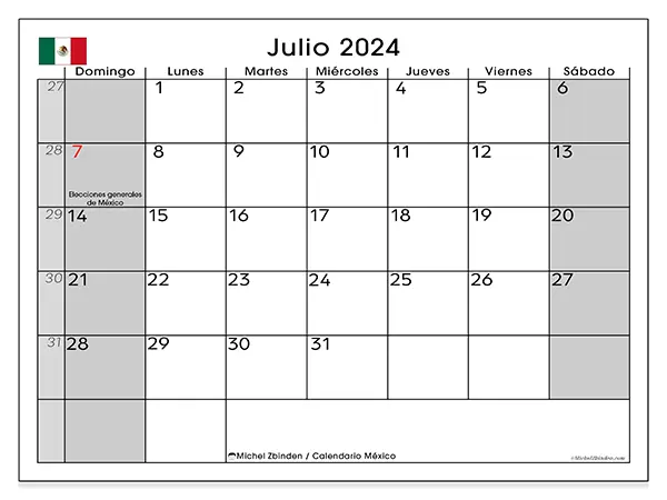 Calendario México para imprimir gratis de julio de 2024. Semana: De domingo a sábado.