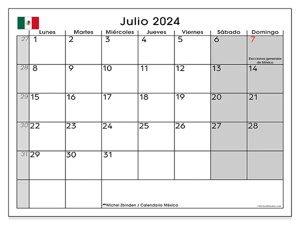 Calendario México para imprimir gratis de julio de 2024. Semana: De lunes a domingo.