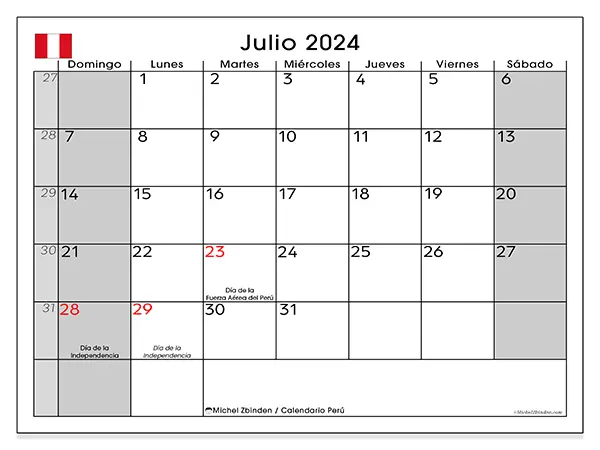 Calendario Perú para imprimir gratis de julio de 2024. Semana: De domingo a sábado.